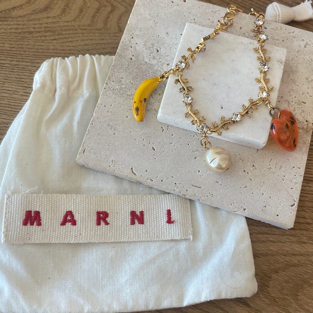 Marni Gold Tone Multi Charm Bracelet Pearl Floral With Pouch